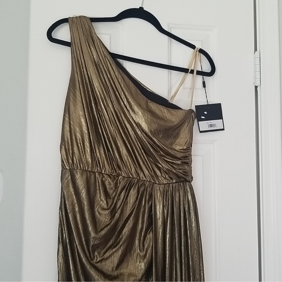 NWT Ieena for Mac Duggal one-shoulder gold Grecian gown - Picture 3 of 5